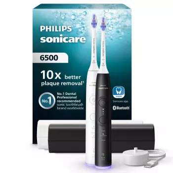 Cepillo de dientes sónico Philips Series 6500 HX7419/01 — tecnología sónica, 62.000 movimientos/min, 3 modos, sensor de presión, 2 mangos, 2 cabezales, estuche de viaje