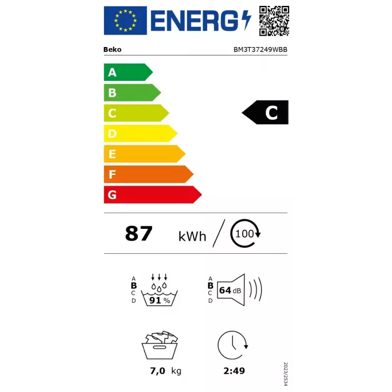 Secadora BEKO | BM3T37249WBB | Clase de eficiencia energética C | Carga frontal | 7 kg | Digital | Profundidad 54,5 cm | Blanco