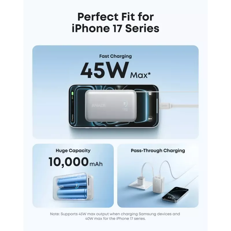 Batería externa Anker Nano 45W con cable USB-C retráctil integrado A1638H11 10000 mAh Negro