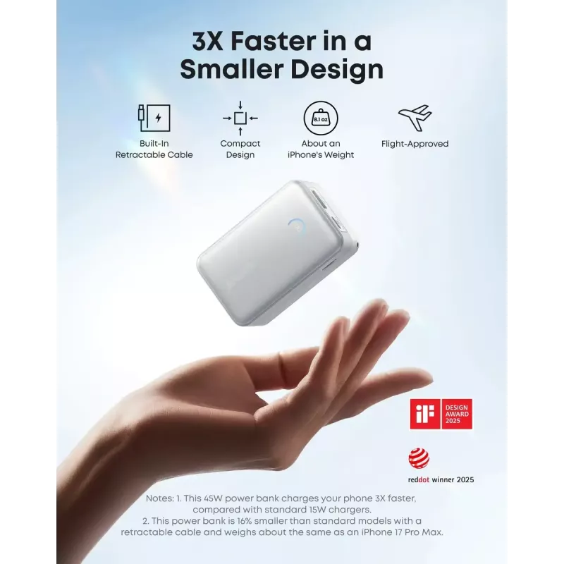 Batería externa Anker Nano 45W con cable USB-C retráctil integrado A1638H11 10000 mAh Negro
