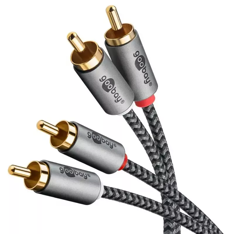 Cable de audio WENTRONIC Goobay 65293 — 2 m, 2×conector macho RCA a 2×conector macho RCA, cobre, contactos bañados en oro, apantallamiento magnético, gris