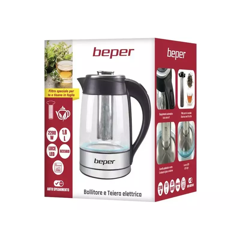 Hervidor de agua eléctrico Beper 1,8 L 2200 W transparente