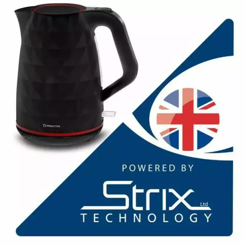Hervidor eléctrico MANTA KTL9230B 1.7L 2200W negro, carcasa de plástico, controlador Strix, indicador de nivel de agua