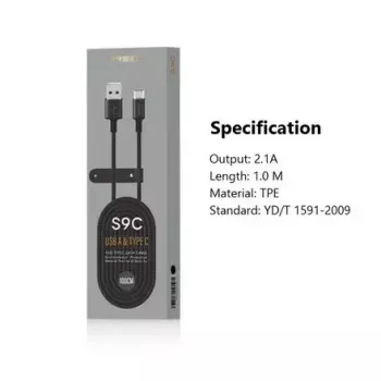 Cable USB-A a USB-C Orsen S9C 1 m, 2,1 A, negro