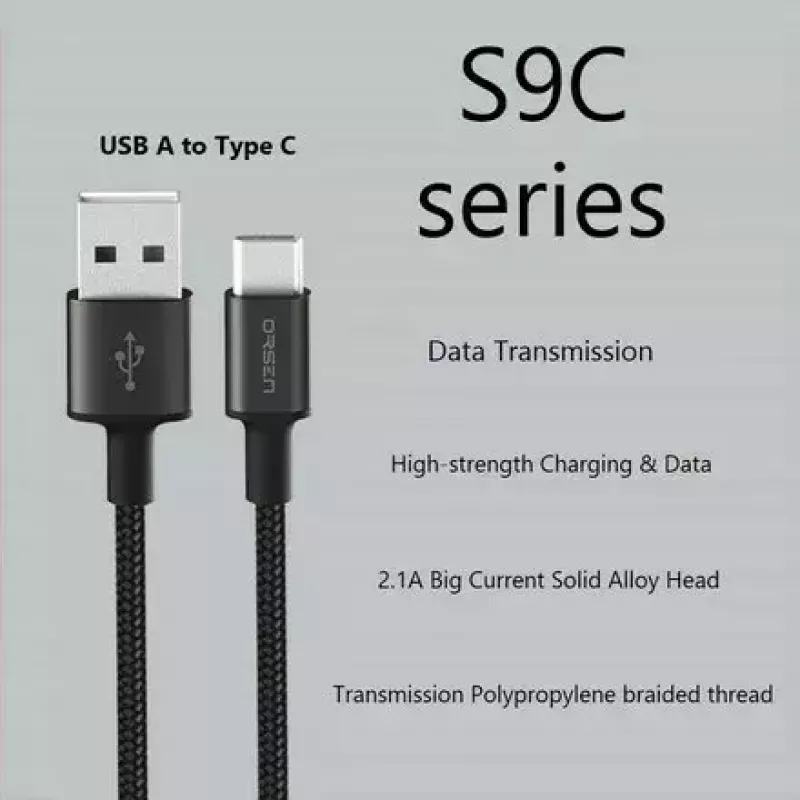 Cable USB-A a USB-C Orsen S9C 1 m, 2,1 A, negro