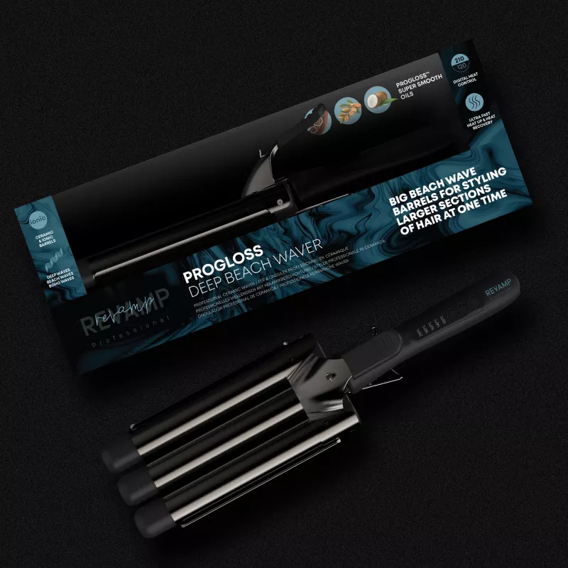 Rizador Revamp Progloss Deep Beach Waver Texturizing iron Warm negro 3 m