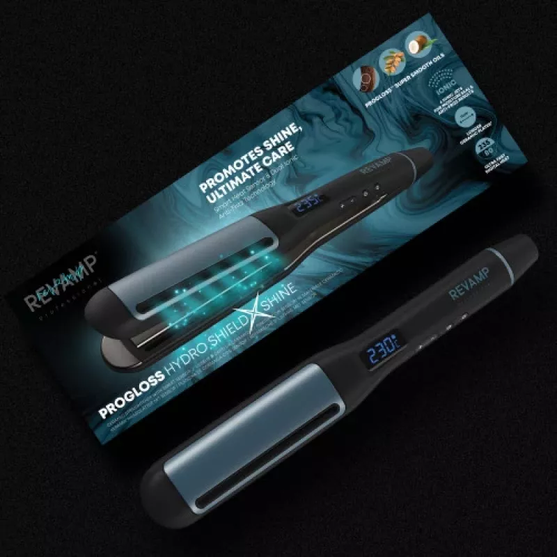 Plancha alisadora Revamp Progloss Hydro Shield X Shine negro 3 m