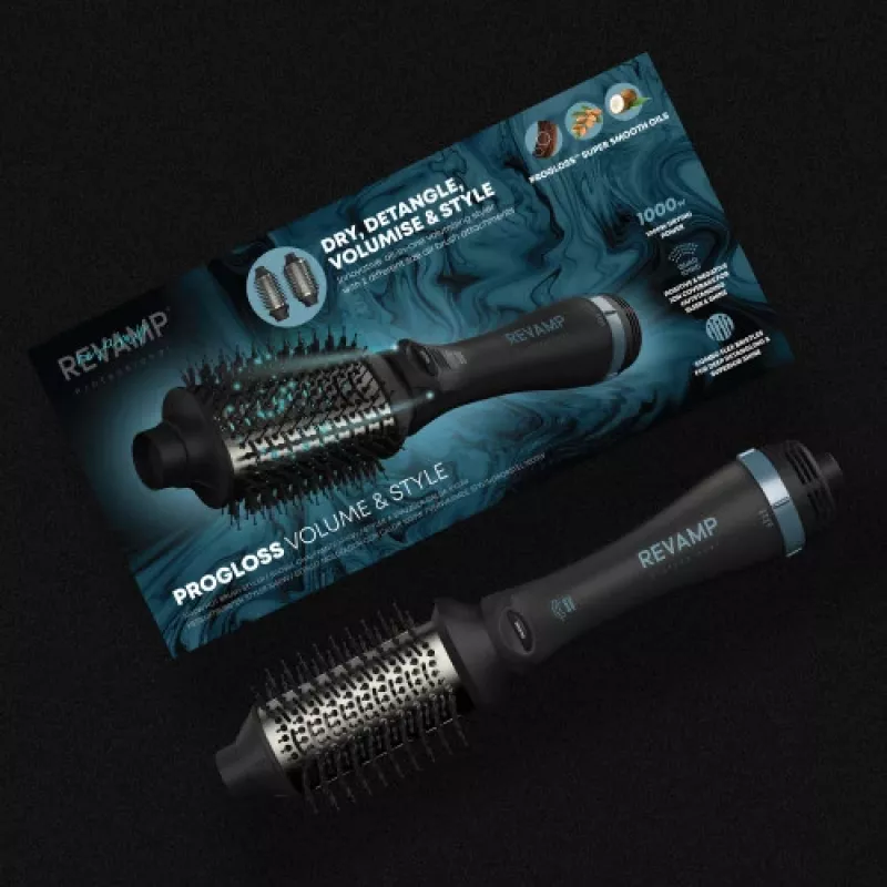 Cepillo de aire caliente Revamp Progloss Volume & Style Hot Brush negro 1000 W 3 m
