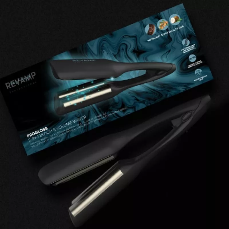 Rizador Revamp Progloss 2 en 1 Beach & Volume Waver negro 3 m