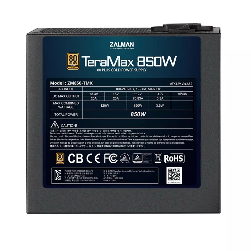 Zalman ZM850-TMX TeraMax fuente de alimentación 850 W, 80 PLUS Gold, PFC activo, ventilador de 120 mm