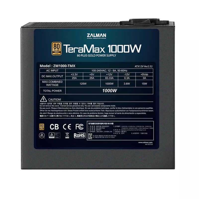 Fuente de alimentación Zalman ZM1200-TMX de 1200 W, 80 PLUS Gold, PFC activo, ventilador de 120 mm