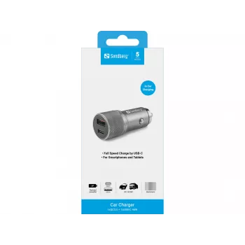 Cargador de coche Sandberg 1xQC3.0+1xUSB-C 48W, coche, mechero, 12 V, metálico