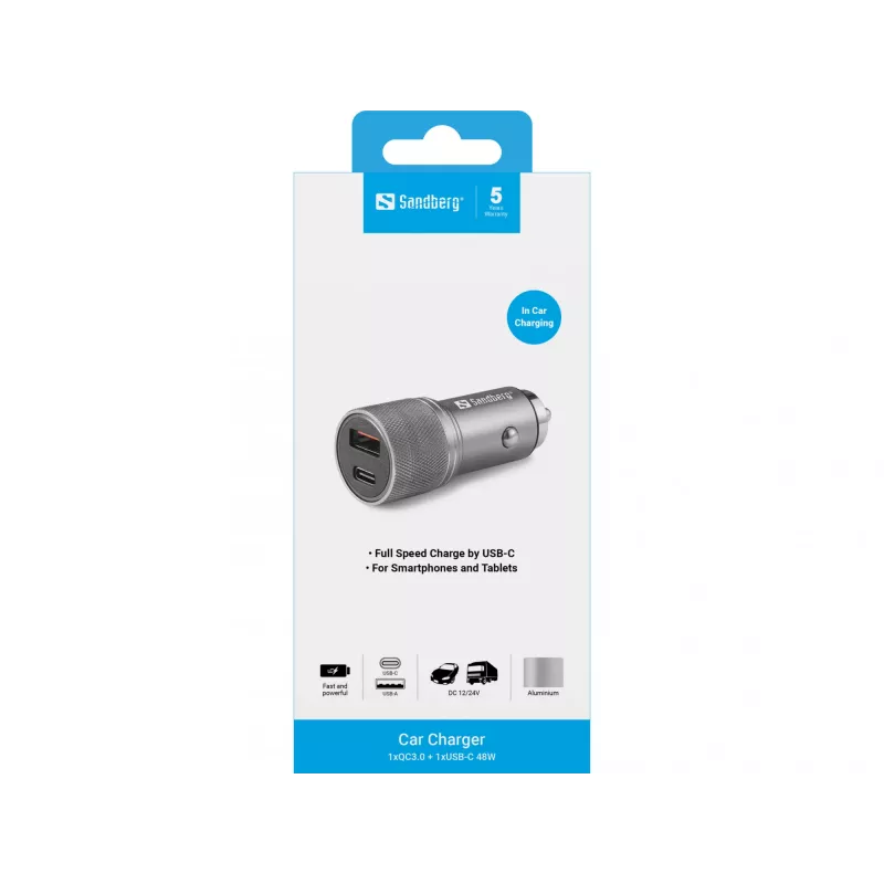 Cargador de coche Sandberg 1xQC3.0+1xUSB-C 48W, coche, mechero, 12 V, metálico