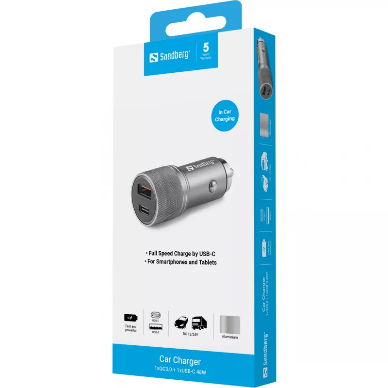 Cargador de coche Sandberg 1xQC3.0+1xUSB-C 48W, coche, mechero, 12 V, metálico