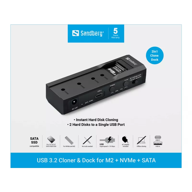 Clonador y dock USB 3.2 Sandberg para M2 + NVMe + SATA