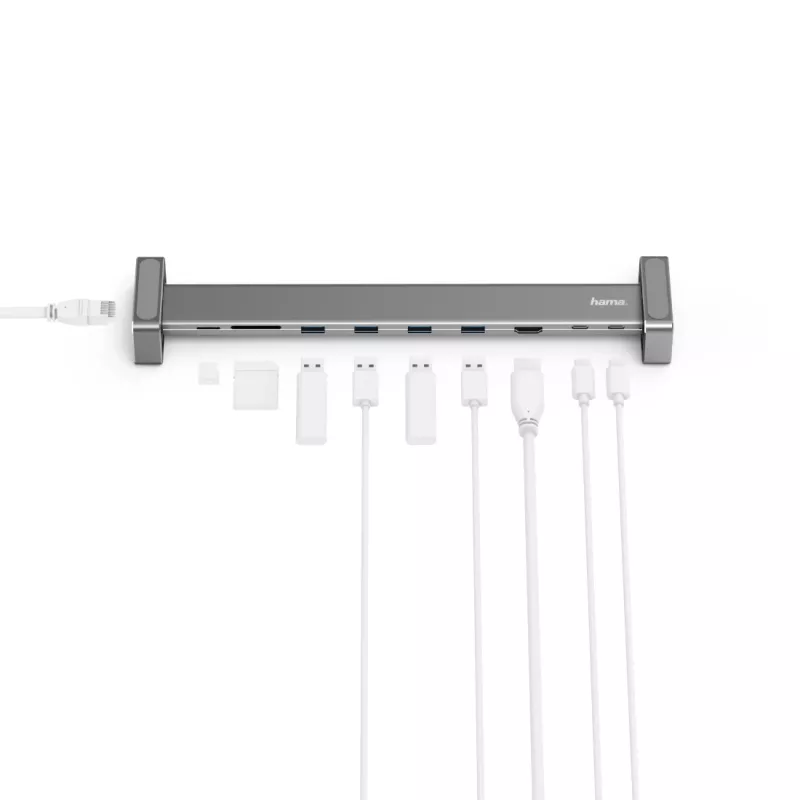 Hama 00200103 base de conexión USB-C 9 en 1, USB 3.2 Gen 1, 4x USB-A, USB-C PD, HDMI, LAN, SD/microSD, gris