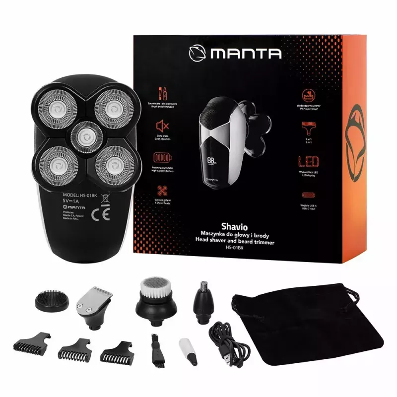 Set de afeitadora de cabeza y barba Manta HS-01BK Shavio, negro/cromo