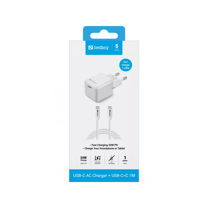 Cargador Sandberg USB-C 20W Indoor AC cable de 1M carga rápida
