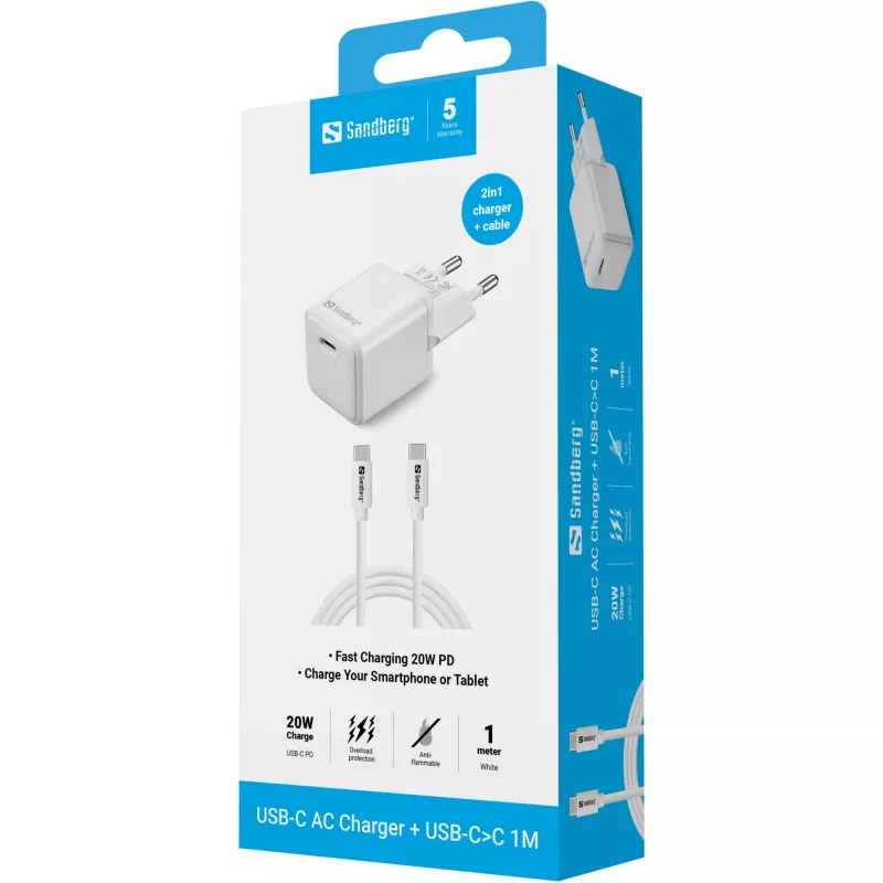 Cargador Sandberg USB-C 20W Indoor AC cable de 1M carga rápida