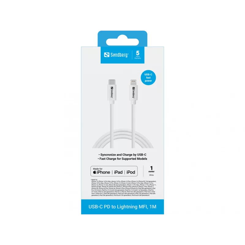 Cable Sandberg USB-C PD a Lightning MFI 1M 1m Lightning USB C