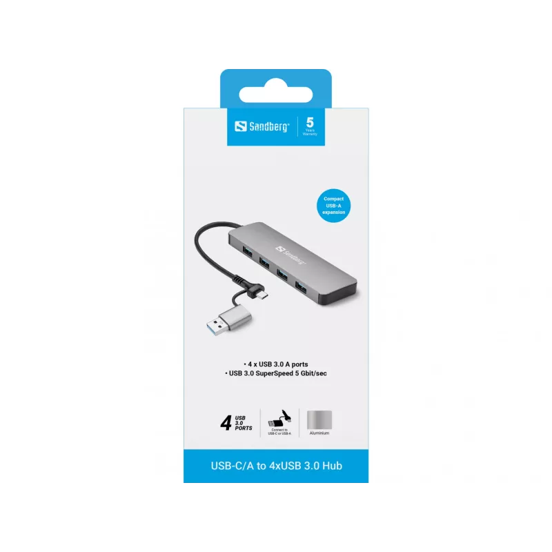 Hub Sandberg USB-C/A a 4xUSB 3.0 aluminio 5000 Mbit/s