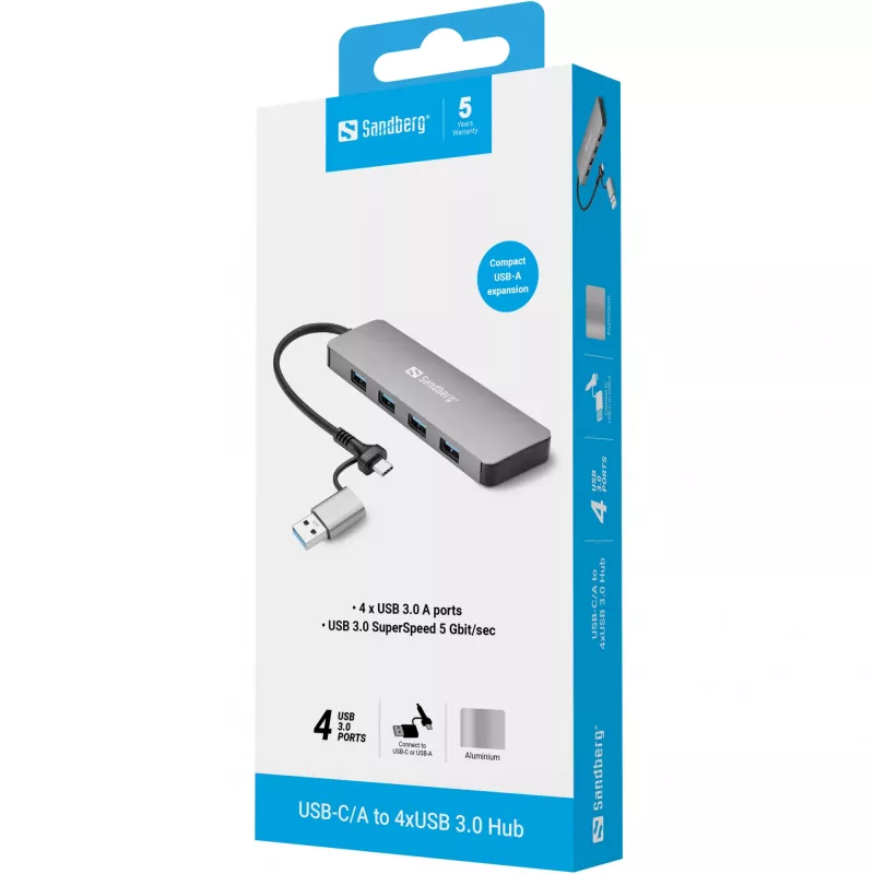 Hub Sandberg USB-C/A a 4xUSB 3.0 aluminio 5000 Mbit/s