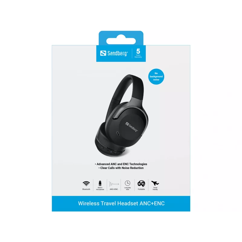 Auriculares inalámbricos Sandberg Wireless Travel Headset ANC+ENC, inalámbricos, llamadas/música, 228 g, auriculares, negro