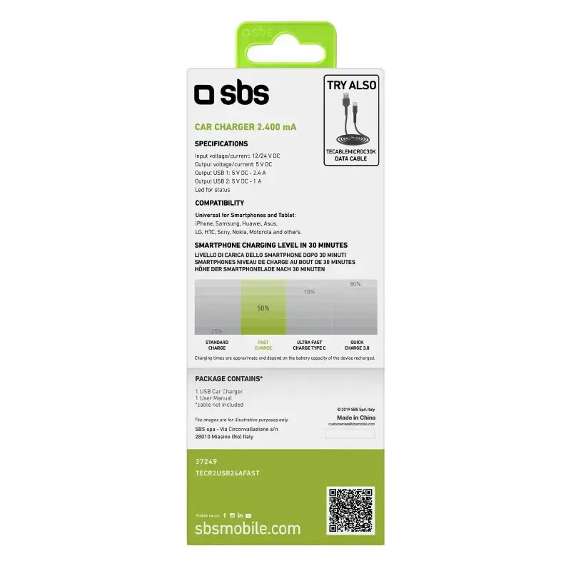 Cargador de coche SBS Mobile TECR2USB24AFAST — cargador USB para coche, alimentación por mechero, universal, negro