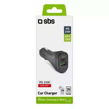 Cargador de coche SBS Mobile TECRPD25W — Mechero, 12–24 V, 1×USB-A, 1×USB-C, carga rápida, Negro