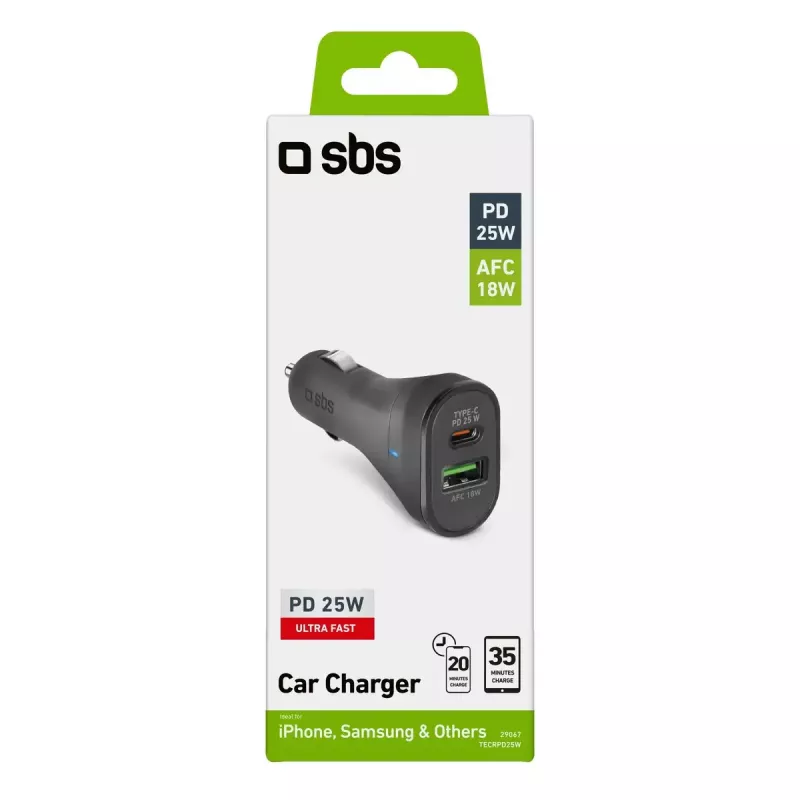 Cargador de coche SBS Mobile TECRPD25W — Mechero, 12–24 V, 1×USB-A, 1×USB-C, carga rápida, Negro