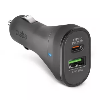 Cargador de coche SBS Mobile TECRPD25W — Mechero, 12–24 V, 1×USB-A, 1×USB-C, carga rápida, Negro