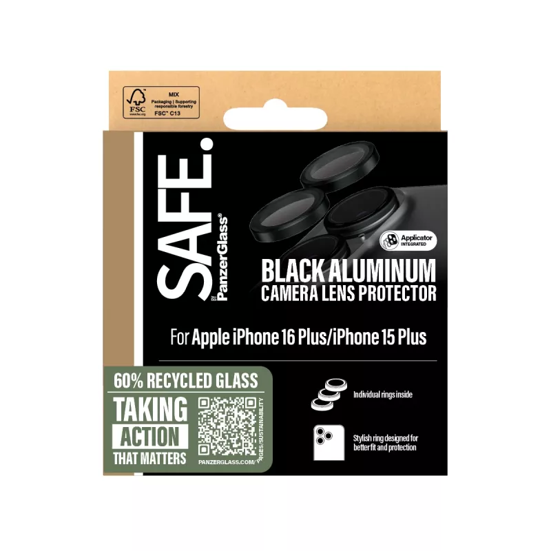 Protector de objetivo de cámara PanzerGlass SAFE. by ® Negro iPhone 16 | 16 Plus