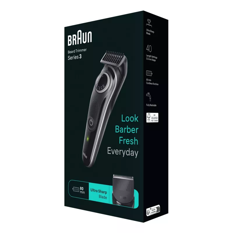 Recortador de barba Braun BeardTrimmer 3 BT3440, lavable, batería, negro