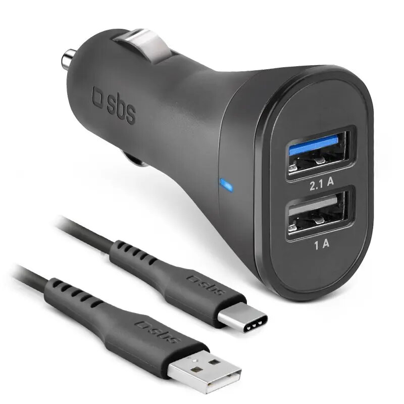 Kit de carga para coche SBS Mobile USB Type-C, 2 conectores USB 2.0, cable de 1 m, 12 W, entrada 12/24 V, negro