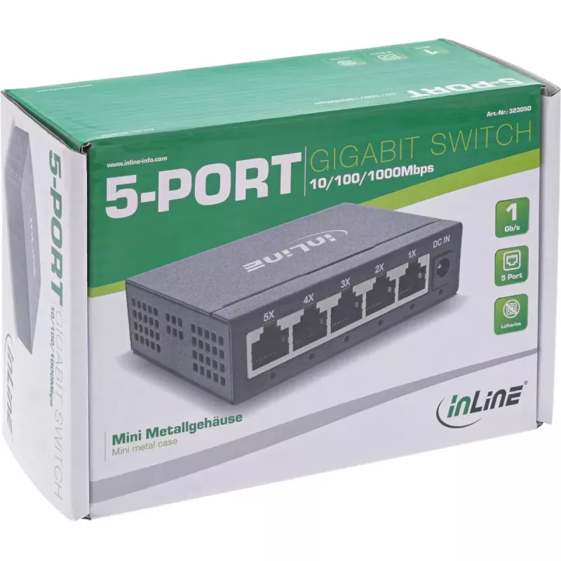 Switch de red Gigabit InLine 5 puertos, 1 Gb/s, sobremesa, carcasa metálica, sin ventilador