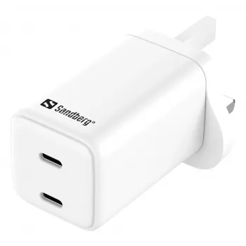 Cargador de CA SANDBERG Dual USB-C PD65W UK 441-62 — dual USB-C PD 65W, enchufe UK