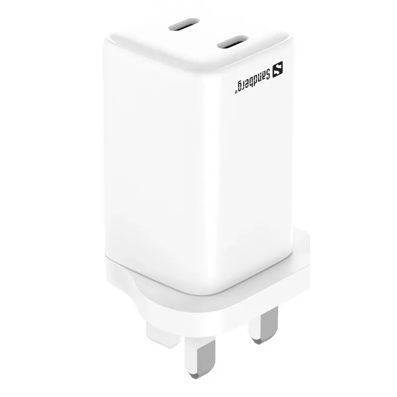 Cargador de CA SANDBERG Dual USB-C PD65W UK 441-62 — dual USB-C PD 65W, enchufe UK
