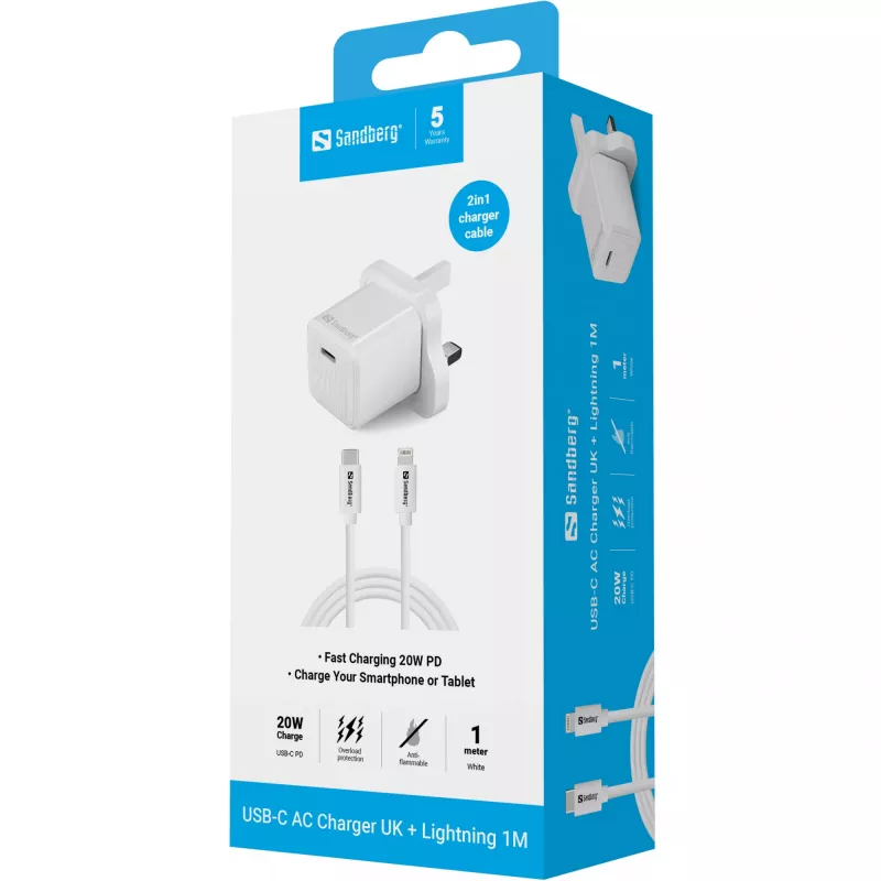 Cargador USB-C SANDBERG 441-64 20W enchufe UK – carga rápida con USB Power Delivery