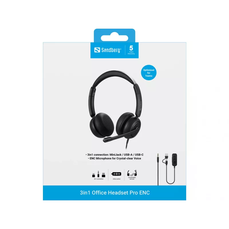 Auriculares Sandberg 3in1 Office Headset Pro ENC con cable 20-20000 Hz