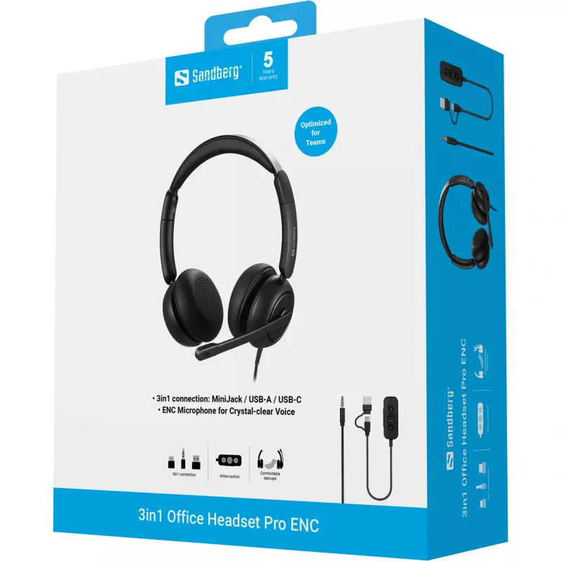 Auriculares Sandberg 3in1 Office Headset Pro ENC con cable 20-20000 Hz