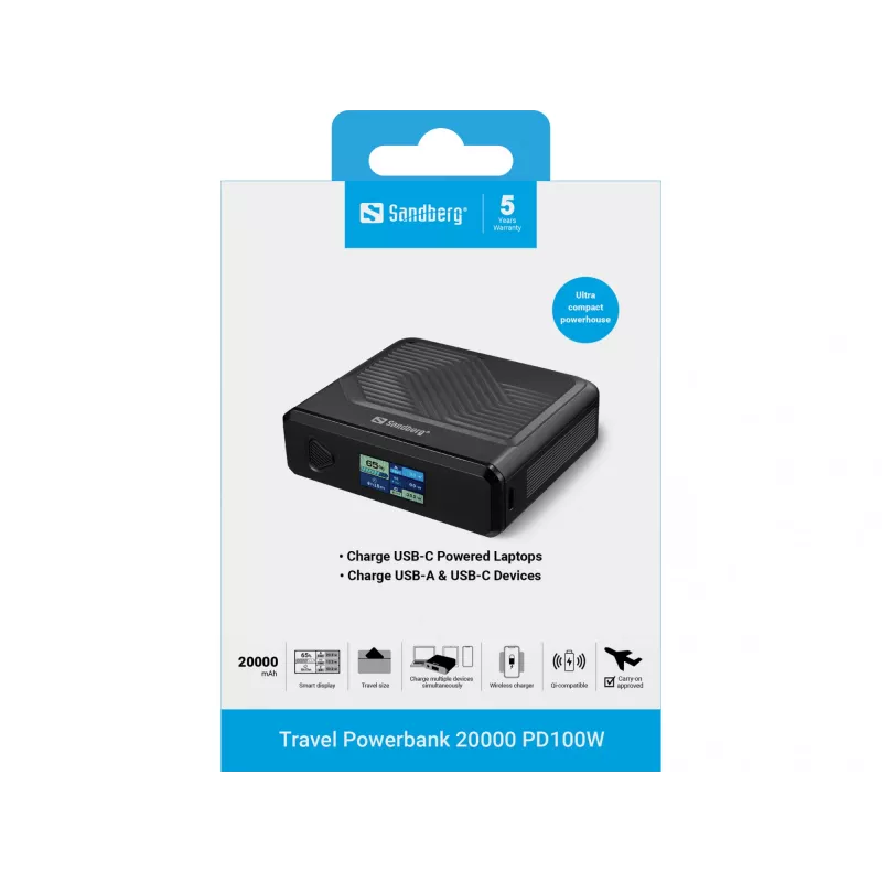 Cargador portátil Sandberg Travel Powerbank 20000 PD100W, 20000 mAh