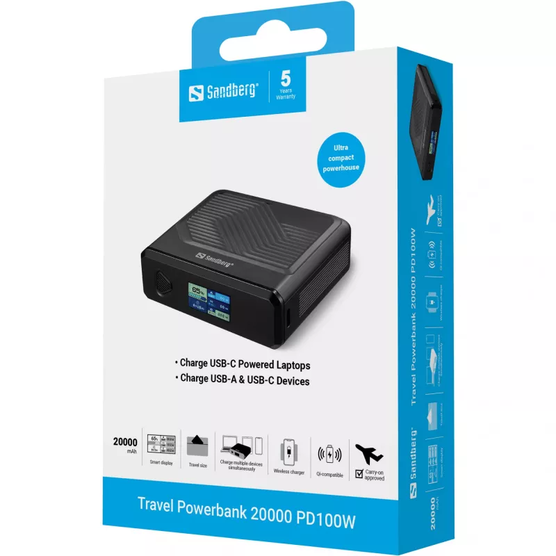 Cargador portátil Sandberg Travel Powerbank 20000 PD100W, 20000 mAh