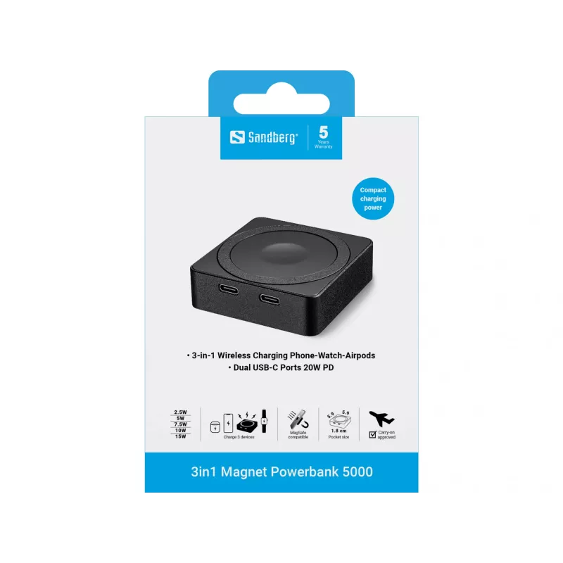 Batería portátil Sandberg 3in1 Magnet Powerbank 5000, 5000 mAh