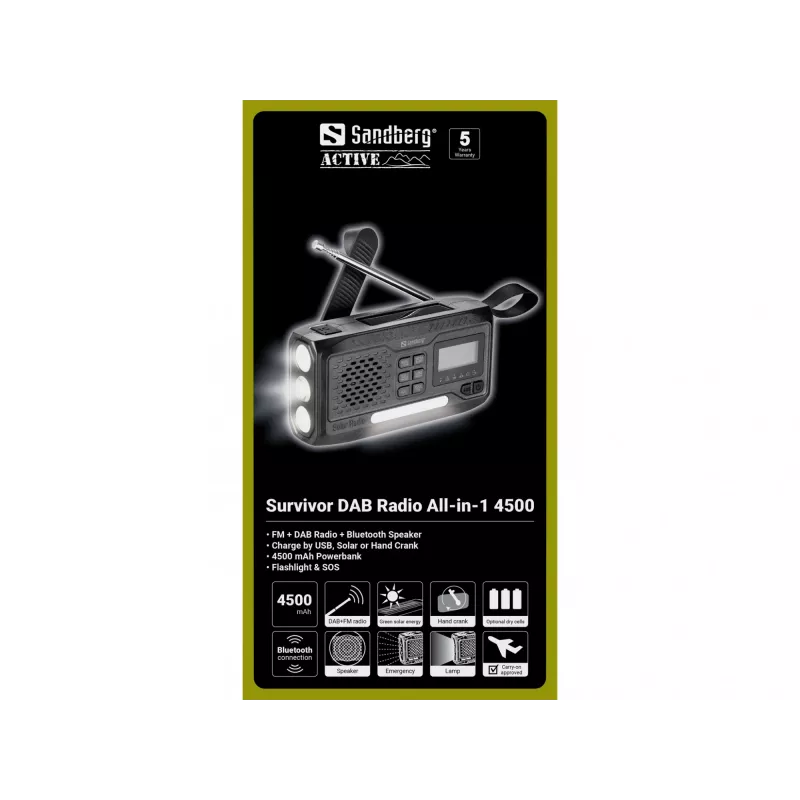 Radio portátil SANDBERG Survivor DAB Radio All-in-1 4500 — DAB+/FM, 87,5–108 MHz, 3 W RMS, USB-A y USB-C, batería de 4500 mAh