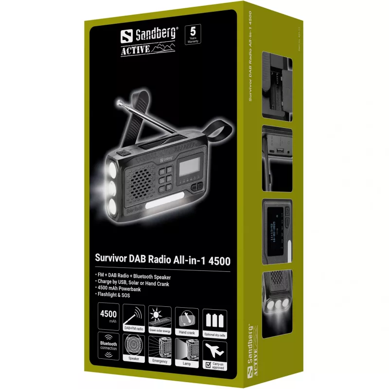 Radio portátil SANDBERG Survivor DAB Radio All-in-1 4500 — DAB+/FM, 87,5–108 MHz, 3 W RMS, USB-A y USB-C, batería de 4500 mAh