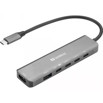 Hub de acoplamiento SANDBERG USB-C 6-in-1 MediaDock — USB 3.2 Gen 1 Type-C 10 Gbit/s, HDMI 4K, PD hasta 100 W, 1×USB-A, 1×USB2.0, gris