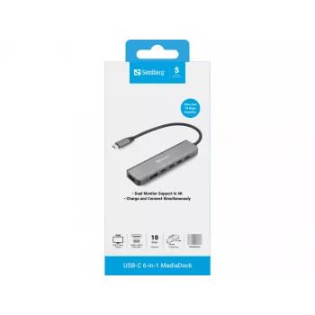 Hub de acoplamiento SANDBERG USB-C 6-in-1 MediaDock — USB 3.2 Gen 1 Type-C 10 Gbit/s, HDMI 4K, PD hasta 100 W, 1×USB-A, 1×USB2.0, gris