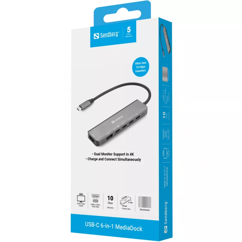Sandberg 136-77 USB-C 6-in-1 MediaDock base de conexión, HDMI + vídeo USB-C, doble 4K@60Hz, USB-A/USB-C 10 Gbps, PD 100W, aluminio
