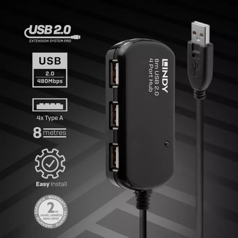 Extensión activa USB 2.0 Pro Hub Lindy 8 m