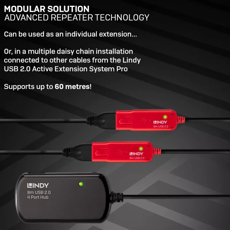 Extensión activa USB 2.0 Pro Hub Lindy 8 m